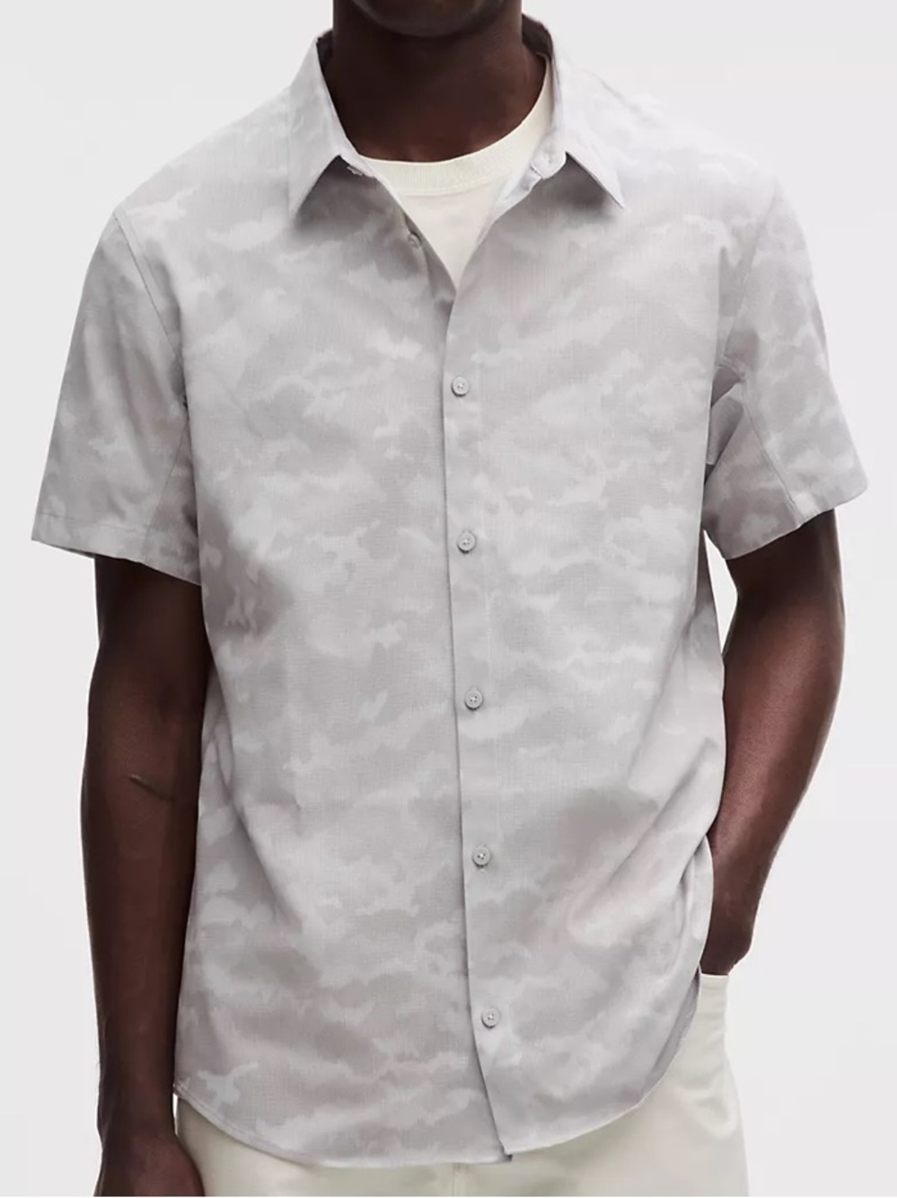 Lululemon Airing Easy Short Sleeve Button Up Shirt Mens M Gray Camo NWT*J14